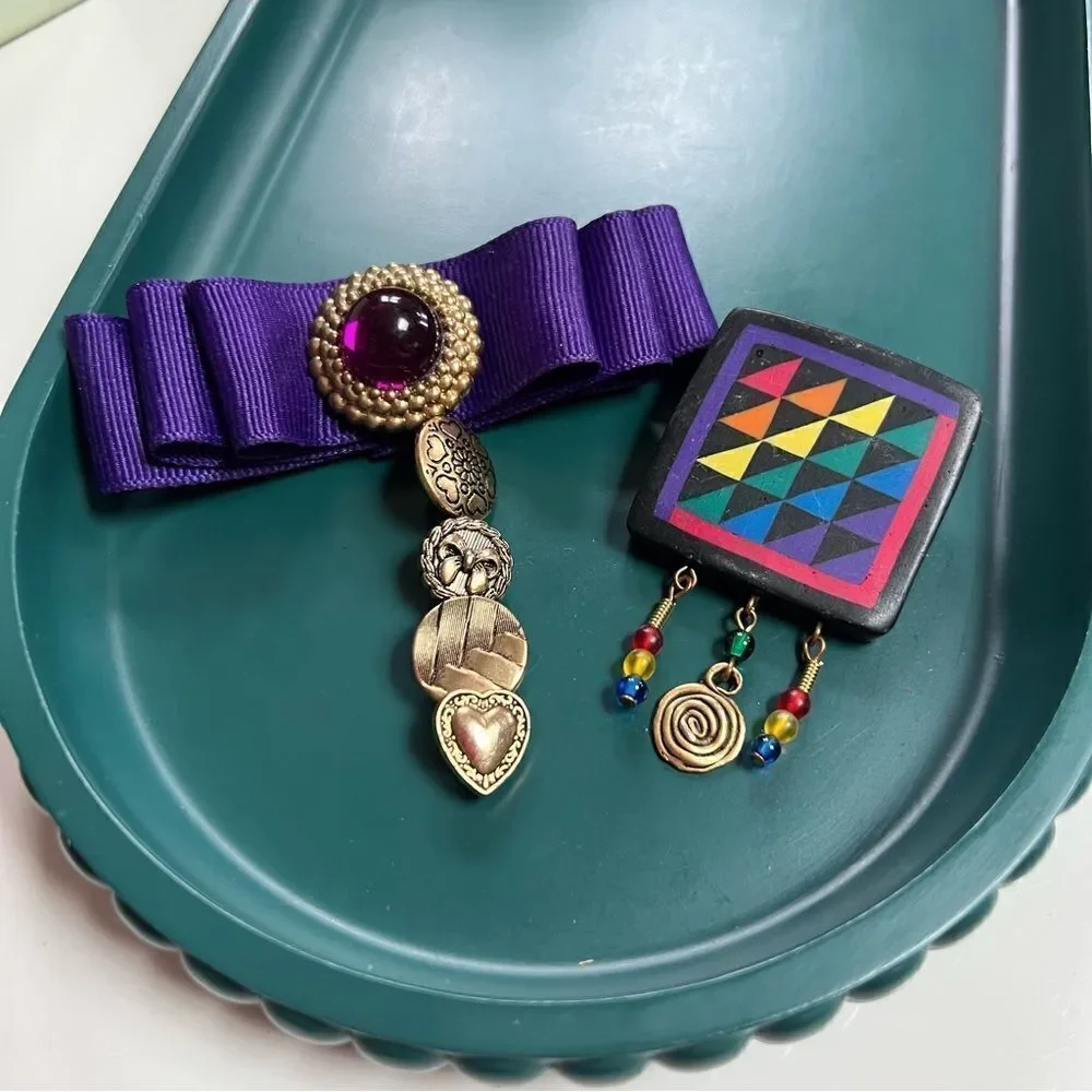 Quirky Artsy Vintage Handmade One of a Kind 1990s 2 Piece Dangly Brooches Lot